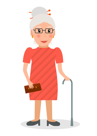 Old woman with glasses and cane in flat style. Elderly woman character with walking stick.のイラスト素材