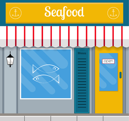 Seafood restaurant facade in flat style. EPS10 vector illustration of city public building square architecture. Small business restaurant design.のイラスト素材