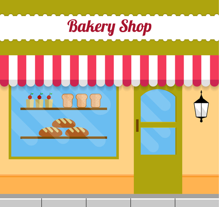 Bakery facade in flat style. EPS10 vector illustration of city public building square architecture. Small business bake shop design.のイラスト素材