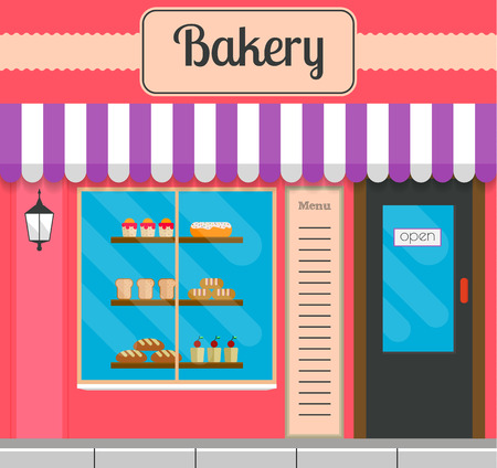 Bakery facade in flat style. EPS10 vector illustration of city public building square architecture. Small business bake shop design.のイラスト素材