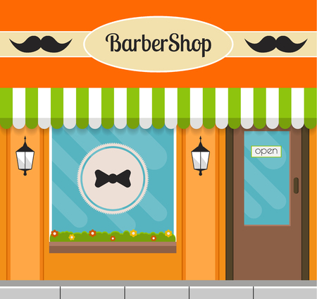 Barbershop facade in flat style. EPS10 vector illustration of city public building square architecture. Small business building design.のイラスト素材