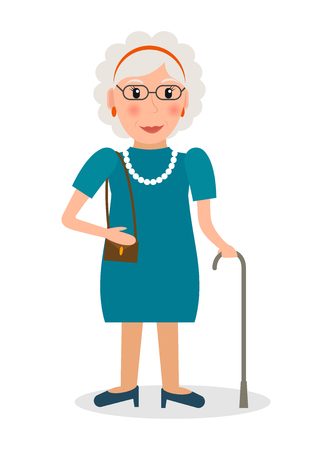 Old woman with glasses and cane in flat style. Elderly woman character with walking stick.のイラスト素材