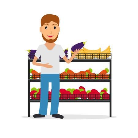Grocery store male salesperson against vitrine with vegetables and fruit in flat style. Smiling gesturing man greengrocery seller against vitrine with food.のイラスト素材
