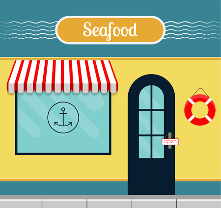 Seafood restaurant facade in flat style. EPS10 vector illustration of city public building square architecture. Small business restaurant design.のイラスト素材