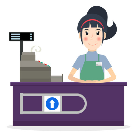 Female cashier at workplace in flat style. Vector illustration of smiling woman at the cashier desk.のイラスト素材