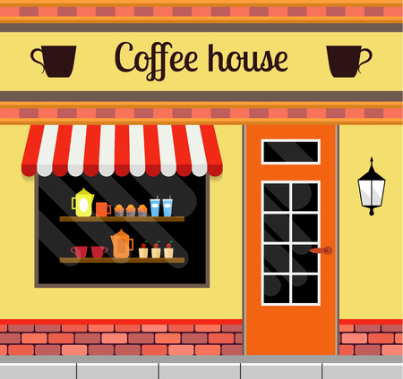 Coffee house facade in flat style. EPS10 vector illustration of city public building square architecture. Small business cafe design.のイラスト素材