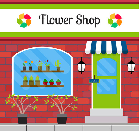 Flower shop facade in flat style. EPS10 vector illustration of city public building. Small business store design.のイラスト素材