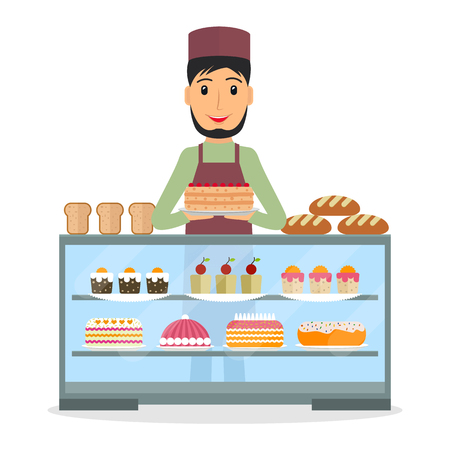 Grocery store or bakery shop male salesperson near vitrine with cakes and pastry in flat style. Smiling man bakery seller at the counter.のイラスト素材