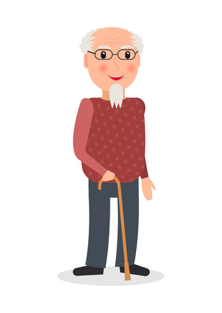 Old man with glasses and cane in flat style. Grandpa character with walking stick.のイラスト素材
