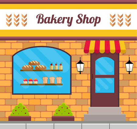 Bakery facade in flat style. EPS10 vector illustration of city public building square architecture. Small business bake shop design.のイラスト素材