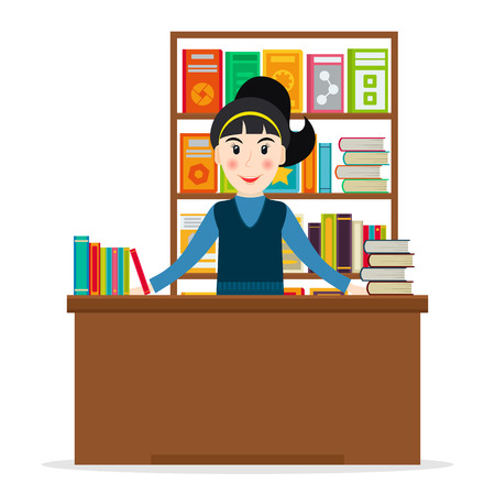 Female bookseller at the counter against shelves with books in flat style. Vector illustration of smiling woman selling books at the bookstore or librarian at the library.のイラスト素材