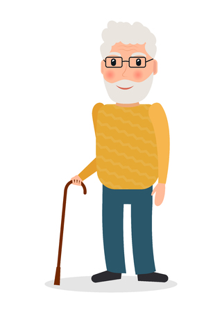 Old man with glasses and cane in flat style. Grandpa character with walking stick.のイラスト素材