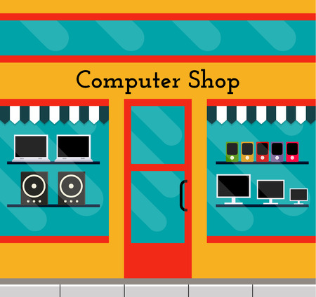 Computer shop facade in flat style. EPS10 vector illustration of city public building square architecture. Small business store design.のイラスト素材