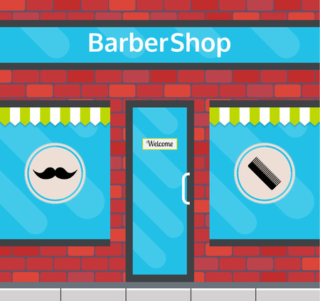Barbershop facade in flat style. EPS10 vector illustration of city public building square architecture. Small business building design.のイラスト素材