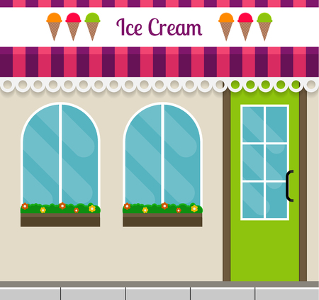 Ice cream shop facade in flat style. EPS10 vector illustration of city public building square architecture. Small business store design.のイラスト素材