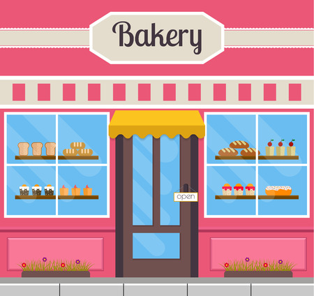 Bakery facade in flat style. EPS10 vector illustration of city public building square architecture. Small business bake shop design.のイラスト素材