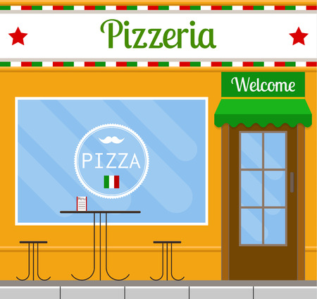 Pizza restaurant facade in flat style. EPS10 vector illustration of city public building square architecture. Small business pizzeria design.のイラスト素材