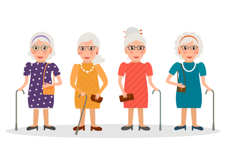 Set of old women wearing glasses and with canes in flat style. EPS10 vector collection of elderly women characters with walking sticks.のイラスト素材