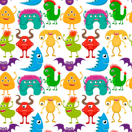 Seamless pattern of funny monster characters. EPS10 vector background of cute cartoon monsters.のイラスト素材