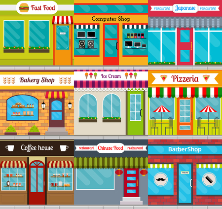 Set of different store fronts in flat style. Vector illustration of city public buildings square architecture. Collection of small business buildings facades design. Various food restaurants facades.のイラスト素材