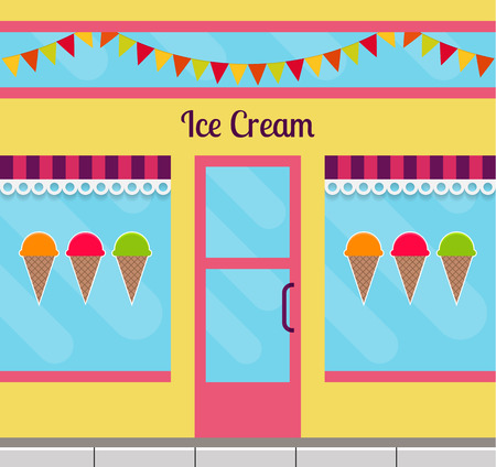 Ice cream shop facade in flat style. EPS10 vector illustration of city public building square architecture. Small business store design.のイラスト素材