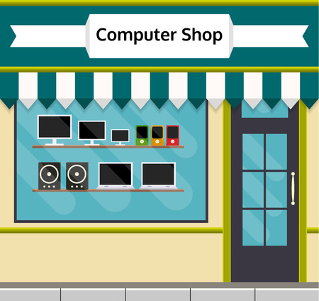 Computer shop facade in flat style. EPS10 vector illustration of city public building square architecture. Small business store design.のイラスト素材