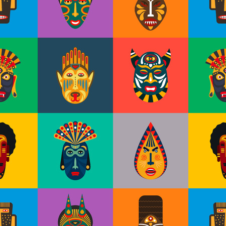 Seamless pattern of ethnic masks in flat style. EPS10 vector background of african tribal masks.のイラスト素材