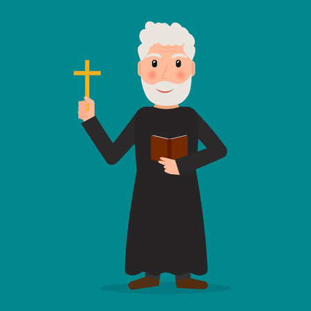Pastor, priest or evangelist with cross and bible. EPS10 vector illustration in flat style.のイラスト素材