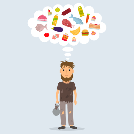 Hungry homeless man dreaming of food. Beggar in rags. EPS10 vector illustration in flat style.のイラスト素材