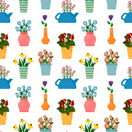 Houseplants in flowerpots seamless pattern. Flowers in pots and vases background. EPS10 vector illustration in flat style.のイラスト素材