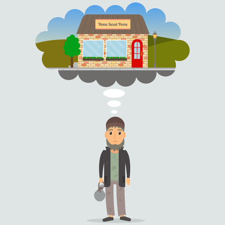 Homeless unemployed man dreaming of home. Beggar in rags. EPS10 vector illustration in flat style.のイラスト素材