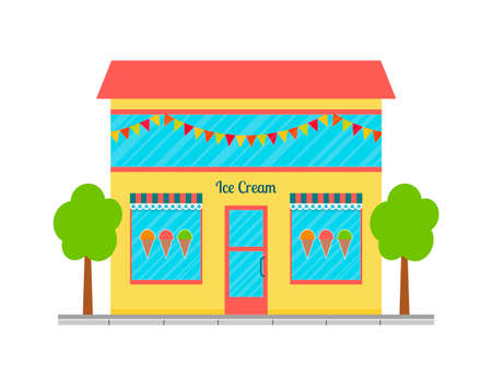 Ice cream shop building icon. vector illustration in flat style.のイラスト素材