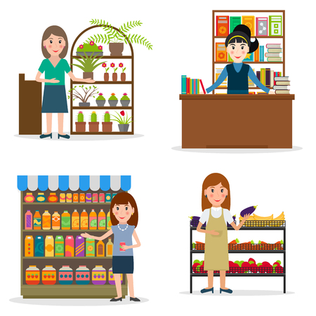 Seller at the counter set. Female salespersons of bookstore, flowershop and groceries.  vector illustration in flat style.のイラスト素材