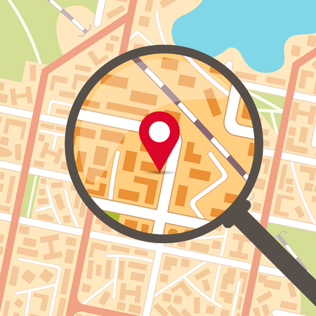 Generic city map background with magnifier and pinpoint. EPS10 vector illustration in flat style.のイラスト素材