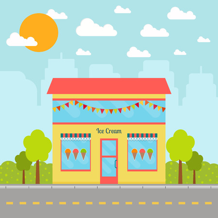 Ice cream shop building on city background. EPS10 vector illustration in flat style.のイラスト素材