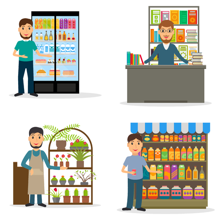 Seller at the counter set. Male salespersons of bookstore, flowershop and groceries. EPS10 vector illustration in flat style.のイラスト素材