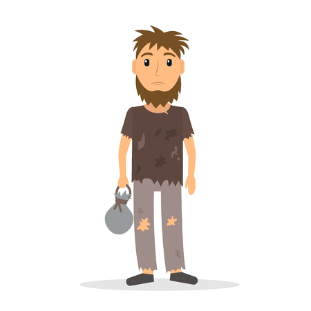 Homeless man. Beggar in rags. vector illustration in flat style.のイラスト素材