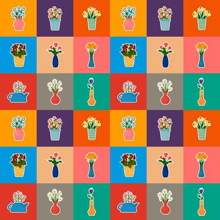 Houseplants in flowerpots seamless pattern. Flowers in pots and vases background.  vector illustration in flat style.のイラスト素材
