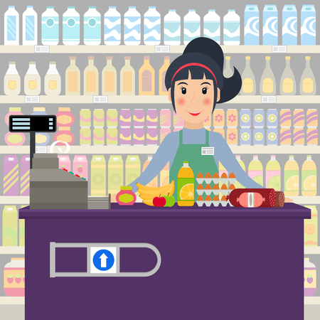 Groceries cashier at work. Female checkout cashier with foods against shelves with goods. vector illustration in flat style.のイラスト素材