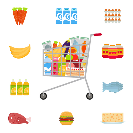 Shopping cart with food.  vector illustration in flat style.のイラスト素材
