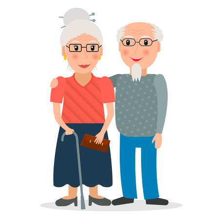 Old couple of retirees. Grandfather and grandmother. Retired people with glasses and walking stick. Elderly persons. vector illustration in flat style.のイラスト素材