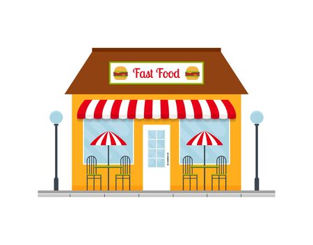 Fast food restaurant building icon.  vector illustration in flat style.のイラスト素材