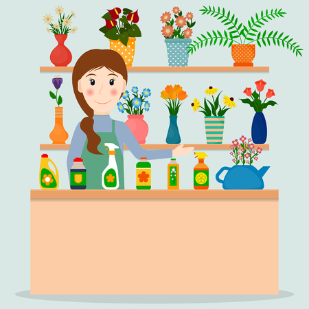 Flower shop florist or female salesperson with houseplants and potted flowers.  vector illustration in flat style.のイラスト素材