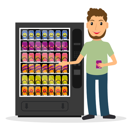 Vending machine with beverages, drinks and a man. vector illustration in flat style.のイラスト素材