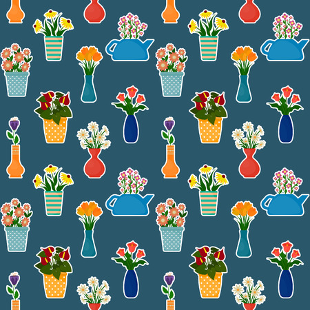 Houseplants in flowerpots seamless pattern. Flowers in pots and vases background. vector illustration in flat style.のイラスト素材