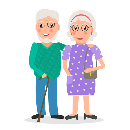 Old couple of retirees. Grandfather and grandmother. Retired people with glasses and walking stick. Elderly persons.  vector illustration in flat style.のイラスト素材