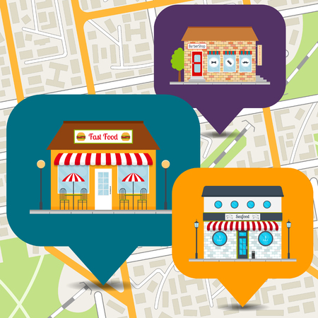Seafood restaurant, barbershop, fast food restaurant icons on city map. Building facades set. vector illustration in flat style.のイラスト素材