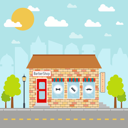 Barbershop building facade or front on city background.  vector illustration in flat style.のイラスト素材