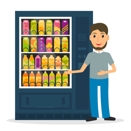 Vending machine with beverages, drinks and a man. EPS10 vector illustration in flat style.のイラスト素材