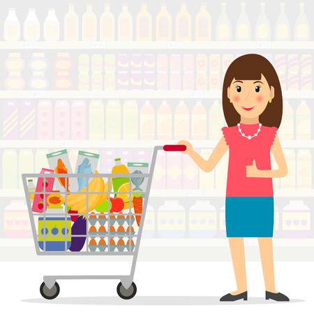 Woman with shopping cart with foods in the supermarket or grocery store. Female shopper. EPS10 vector illustration in flat style.のイラスト素材